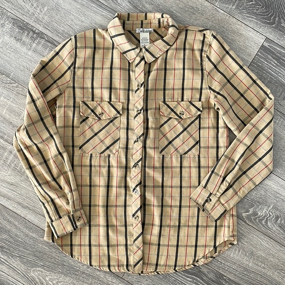 WILD MOSS | TAN PLAID BOYFRIEND LONG SLEEVE WOVEN FLANNEL SHIRT | Size Medium - Picture 4 of 9